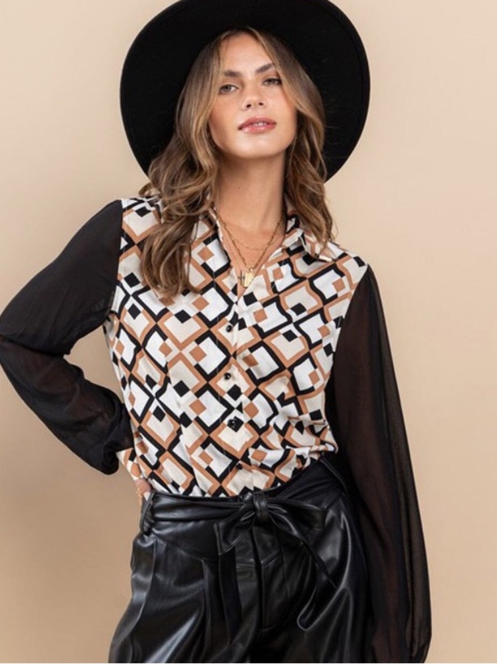 NWOT Ces Femme Geometric Print Blouse with Sheer Black Sleeves S